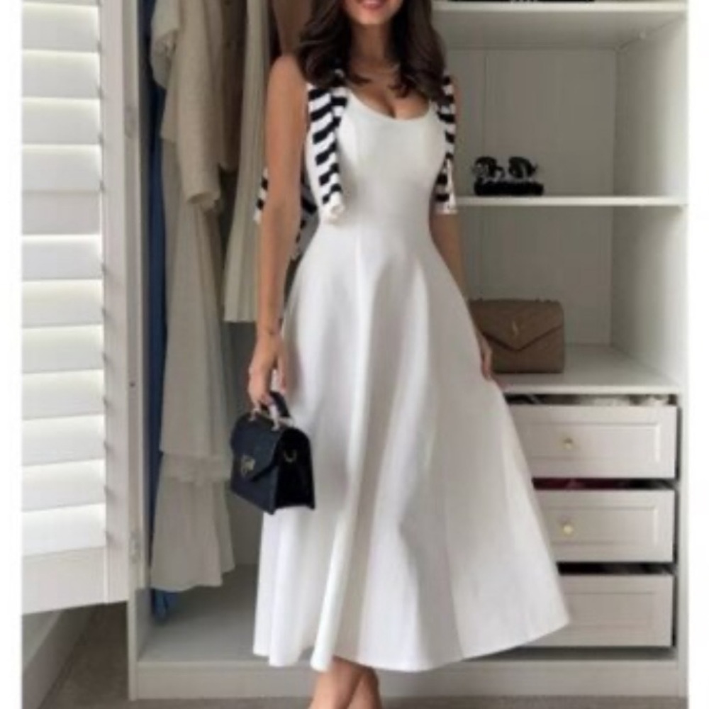 Reformation White 3/4 Sleeve Scoop Neck Midi Dress